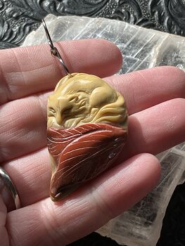 Carved Fox and Leaves in Yellow and Orange Mookaite Stone Jewelry Pendant #fDAYSFDOsfk