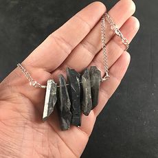 Dark Gray Titanium Crystal Stone Bar and Silver Chain Pendant Necklace #emI4Vx9wVcA