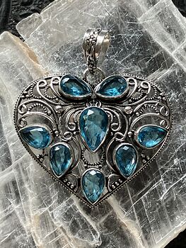 Filigree Heart Faceted Blue Topaz Gem Crystal Stone Jewelry Pendant #TMja3sdl29k
