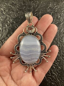 Large Blue Lace Agate and Faceted Clear Quartz Crystal Stone Jewelry Pendant #qaYrILdFNX4