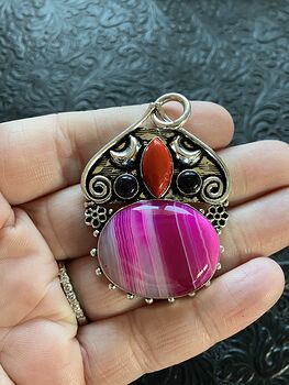Mystic Lunar Pink Agate Red Coral and Blue Goldstone Crystal Stone Pendant Charm #x2h40bUP1yM