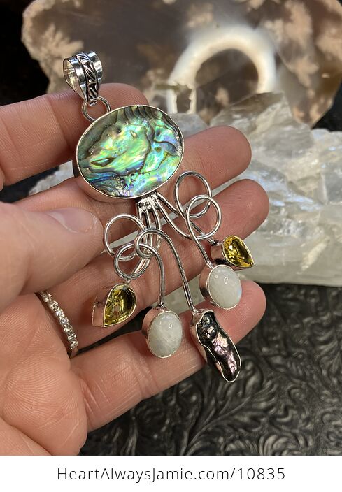 Abalone Shell Biwa Pearl Moonstone and Citrine Gemstone Crystal Jewelry Swirl Pendant - #rdJrFStjhek-1