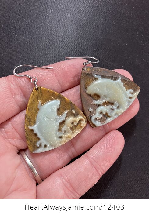 Amazonite and Tigers Eye Koi Carp Pisces Fish Earrings Jewelry - #BIU8UEYn8p8-3