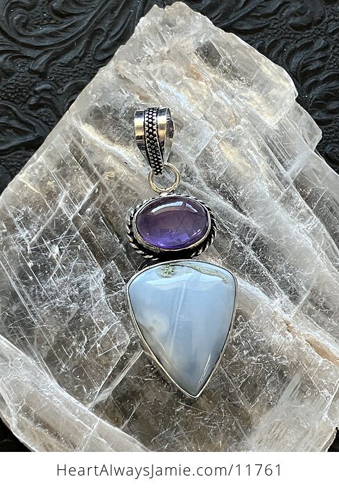 Amethyst and Common Mossy Blue Opal Crystal Stone Jewelry Pendant - #AH5o9usPQVI-1