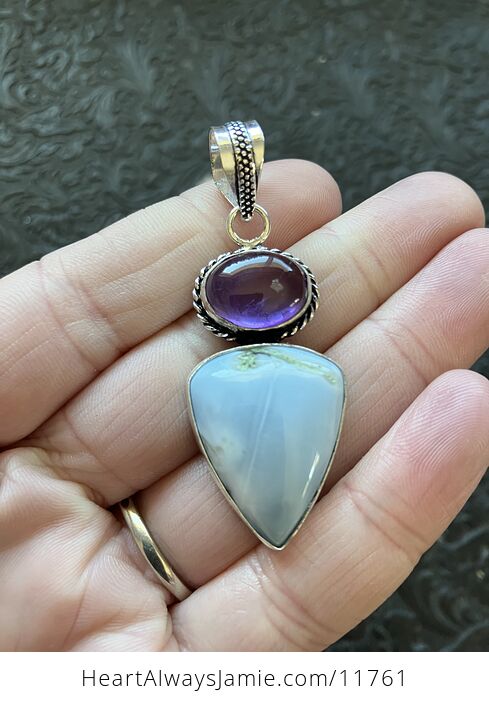 Amethyst and Common Mossy Blue Opal Crystal Stone Jewelry Pendant - #AH5o9usPQVI-2