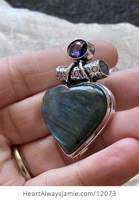 Amethyst and Labradorite Heart Crystal Stone Jewelry Pendant - #9cMh8YB7s6M-4