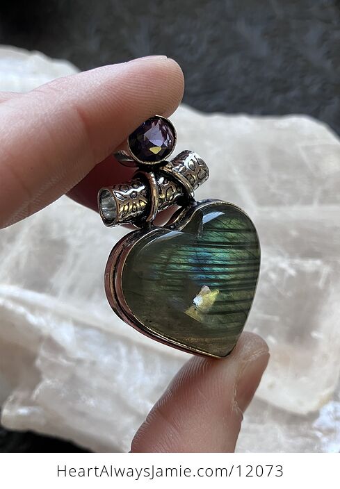 Amethyst and Labradorite Heart Crystal Stone Jewelry Pendant - #9cMh8YB7s6M-9