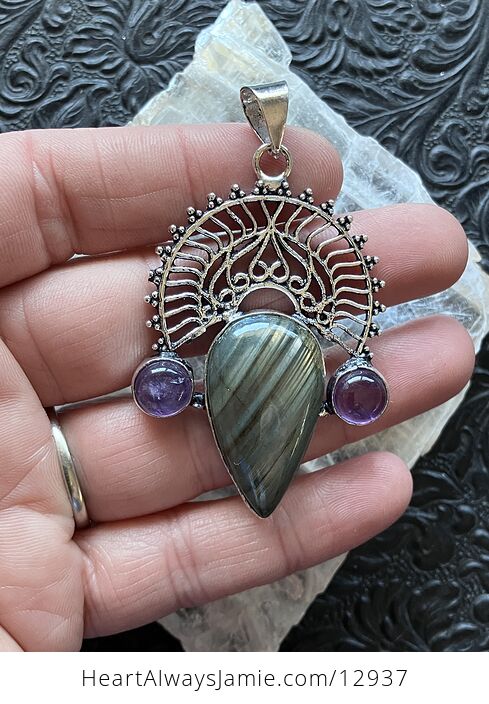 Amethyst and Labradorite Pendant Gemstone Crystal Jewelry - #wU0kWPK0FDY-1