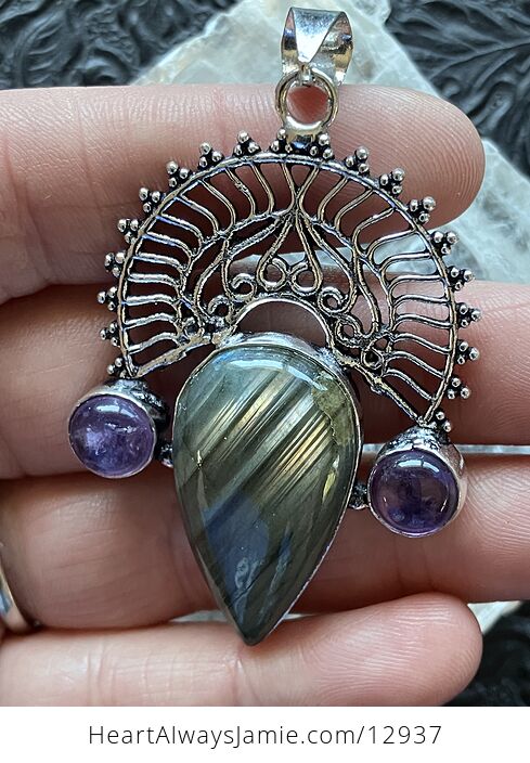 Amethyst and Labradorite Pendant Gemstone Crystal Jewelry - #wU0kWPK0FDY-7