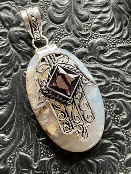 Amethyst Hamsa Hand and Dendritic Agate Stone Crystal Jewelry Pendant Charm #zOUzfoMWAXI