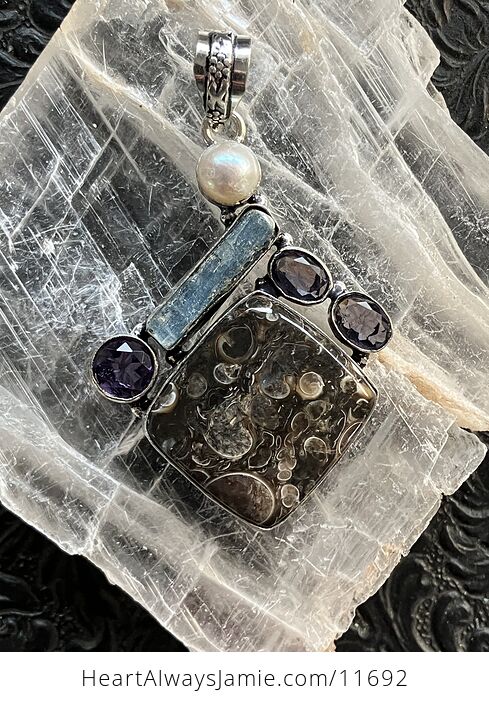 Amethyst Pearl Blue Kyanite and Turitella Fossiliferous Elimia Agate Crystal Stone Jewelry Pendant - #uLUgAvq0nw0-6