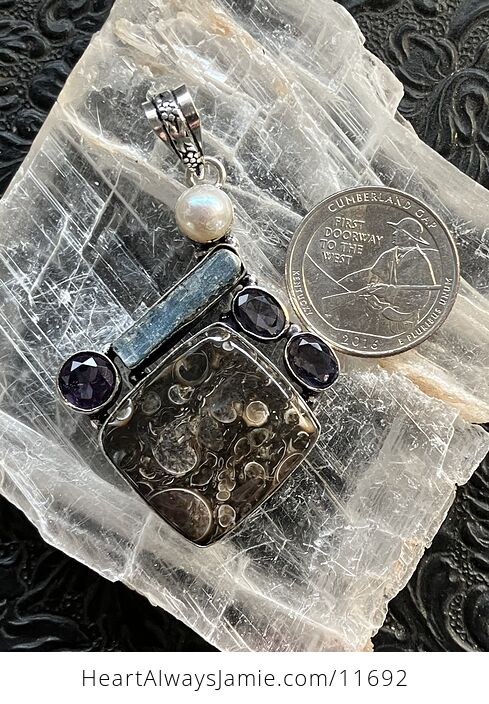Amethyst Pearl Blue Kyanite and Turitella Fossiliferous Elimia Agate Crystal Stone Jewelry Pendant - #uLUgAvq0nw0-5
