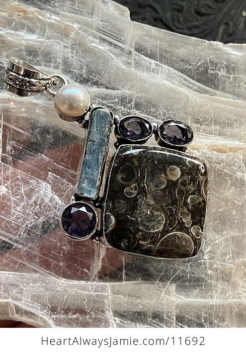 Amethyst Pearl Blue Kyanite and Turitella Fossiliferous Elimia Agate Crystal Stone Jewelry Pendant - #uLUgAvq0nw0-7