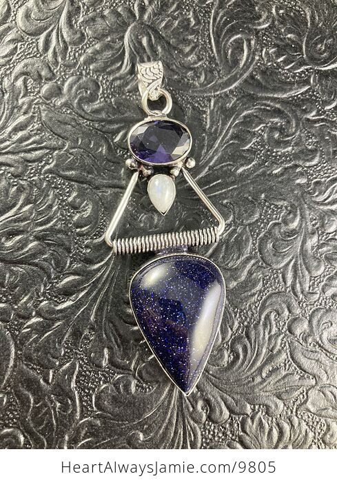 Amethyst Rainbow Moonstone and Blue Goldstone Crystal Stone Jewelry Pendant - #YX4Z2k80vic-7