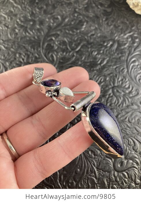 Amethyst Rainbow Moonstone and Blue Goldstone Crystal Stone Jewelry Pendant - #YX4Z2k80vic-2