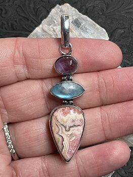 Amethyst Rainbow Moonstone and Rhodochrosite Pendant Stone Crystal Jewelry #TX635DLYyhE