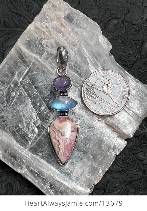 Amethyst Rainbow Moonstone and Rhodochrosite Pendant Stone Crystal Jewelry - #TX635DLYyhE-7