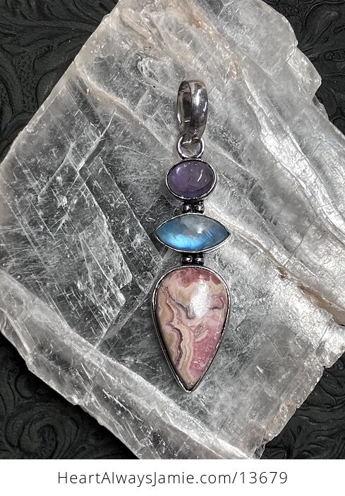 Amethyst Rainbow Moonstone and Rhodochrosite Pendant Stone Crystal Jewelry - #TX635DLYyhE-6