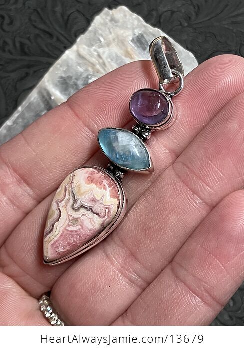 Amethyst Rainbow Moonstone and Rhodochrosite Pendant Stone Crystal Jewelry - #TX635DLYyhE-5