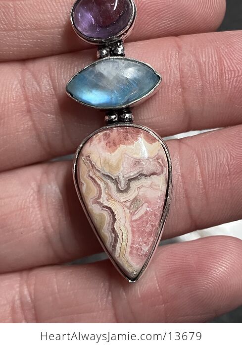 Amethyst Rainbow Moonstone and Rhodochrosite Pendant Stone Crystal Jewelry - #TX635DLYyhE-4