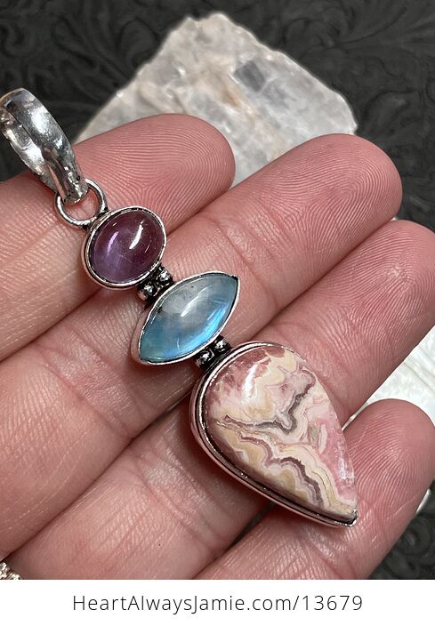 Amethyst Rainbow Moonstone and Rhodochrosite Pendant Stone Crystal Jewelry - #TX635DLYyhE-2