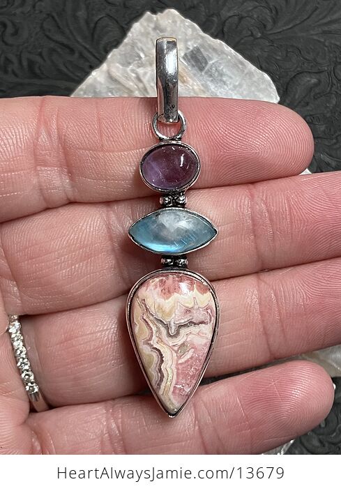 Amethyst Rainbow Moonstone and Rhodochrosite Pendant Stone Crystal Jewelry - #TX635DLYyhE-1