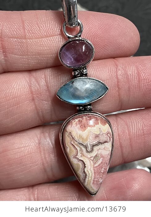 Amethyst Rainbow Moonstone and Rhodochrosite Pendant Stone Crystal Jewelry - #TX635DLYyhE-3