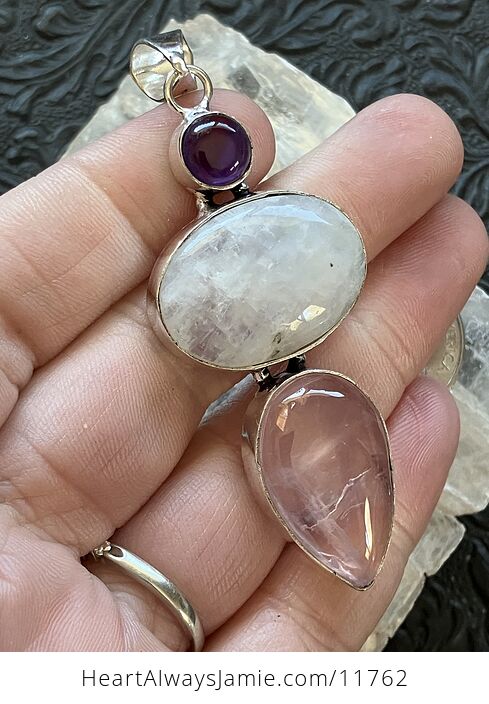 Amethyst Rainbow Moonstone and Rose Quartz Gemstone Crystal Jewelry Pendant - #amLfjD1SkDA-3