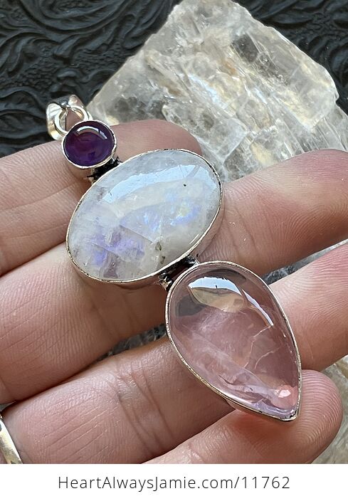 Amethyst Rainbow Moonstone and Rose Quartz Gemstone Crystal Jewelry Pendant - #amLfjD1SkDA-1