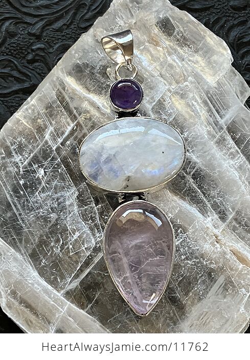 Amethyst Rainbow Moonstone and Rose Quartz Gemstone Crystal Jewelry Pendant - #amLfjD1SkDA-7
