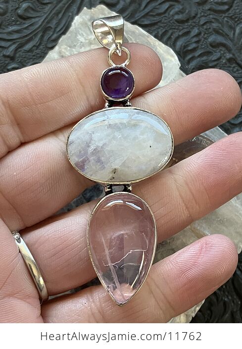 Amethyst Rainbow Moonstone and Rose Quartz Gemstone Crystal Jewelry Pendant - #amLfjD1SkDA-2