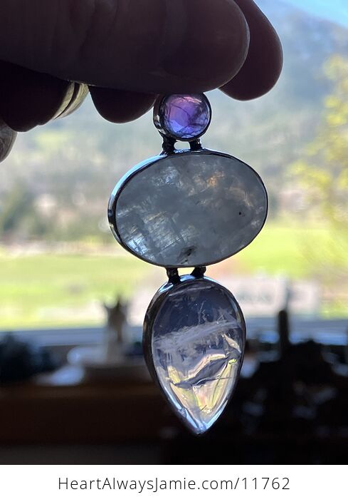 Amethyst Rainbow Moonstone and Rose Quartz Gemstone Crystal Jewelry Pendant - #amLfjD1SkDA-8
