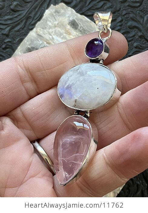 Amethyst Rainbow Moonstone and Rose Quartz Gemstone Crystal Jewelry Pendant - #amLfjD1SkDA-4