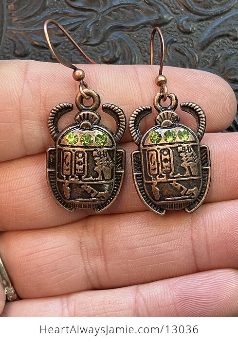 Ancient Egyptian Styled Scarab Beetle Green Rhinestone Earrings - #oaJsfTBFLtE-1