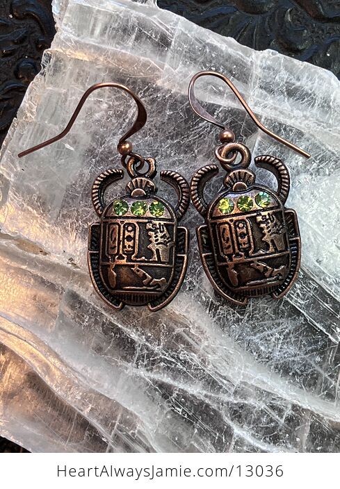 Ancient Egyptian Styled Scarab Beetle Green Rhinestone Earrings - #oaJsfTBFLtE-6