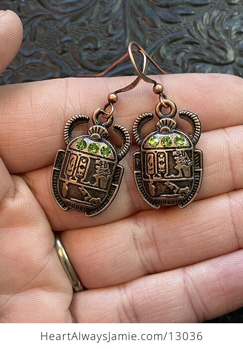 Ancient Egyptian Styled Scarab Beetle Green Rhinestone Earrings - #oaJsfTBFLtE-2