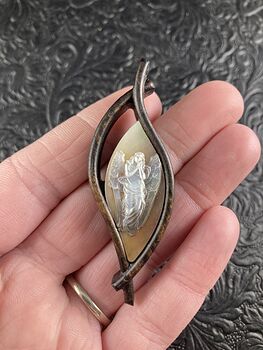 Angel Carved in Mother of Pearl Shell in Wood Frame Pendant Jewelry #58HRTFjP7G0