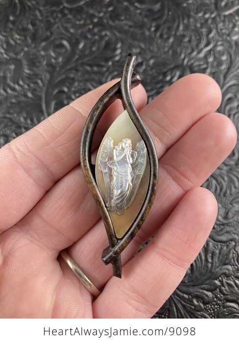Angel Carved in Mother of Pearl Shell in Wood Frame Pendant Jewelry - #58HRTFjP7G0-1