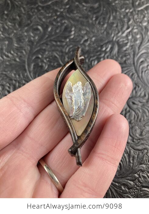 Angel Carved in Mother of Pearl Shell in Wood Frame Pendant Jewelry - #58HRTFjP7G0-2