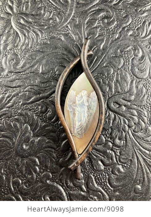 Angel Carved in Mother of Pearl Shell in Wood Frame Pendant Jewelry - #58HRTFjP7G0-5