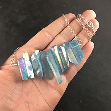 Aqua Blue Titanium Aura Crystal Agate Stone Bar and Silver Chain Pendant Necklace #hKSq9S26Bww