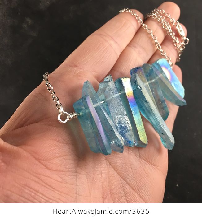 Aqua Blue Titanium Aura Crystal Agate Stone Bar and Silver Chain Pendant Necklace - #hKSq9S26Bww-3