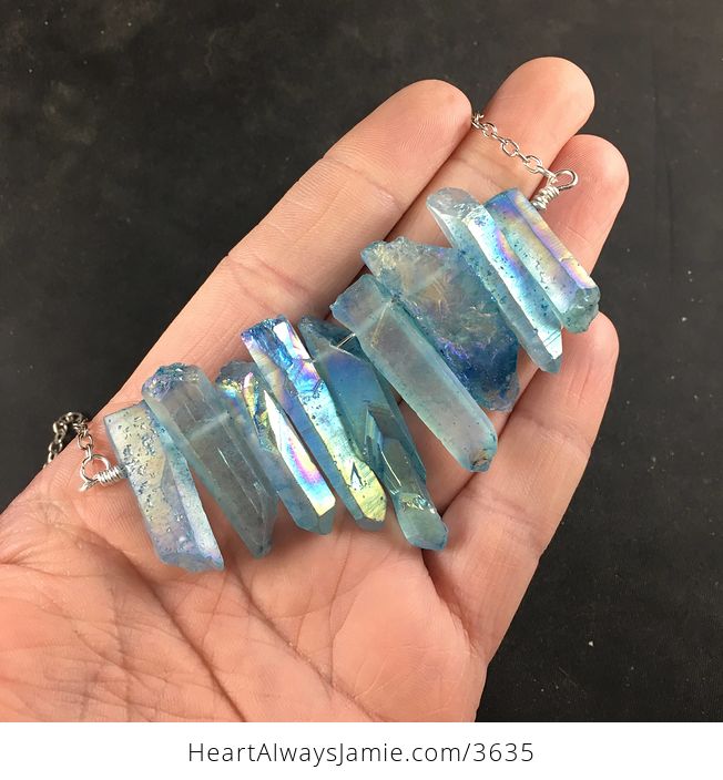 Aqua Blue Titanium Aura Crystal Agate Stone Bar and Silver Chain Pendant Necklace - #hKSq9S26Bww-5