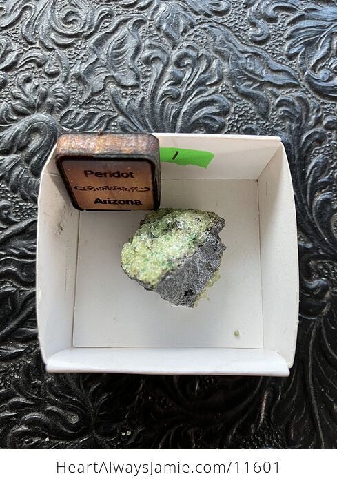 Arizona Olivine Crystals in Peridotite in Basalt Peridot Small Crystal Collector Specimen with a Wood Tag Sm2 - #uc7ieVEYghE-1