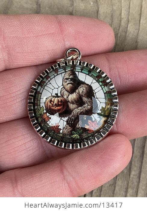 Autumn Sasquatch Bigfoot Cryptid Holding a Halloween Jackolantern Pendant Keychain Charm - #HeZZa4ofxTo-8