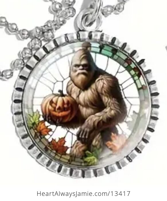 Autumn Sasquatch Bigfoot Cryptid Holding a Halloween Jackolantern Pendant Keychain Charm - #HeZZa4ofxTo-9