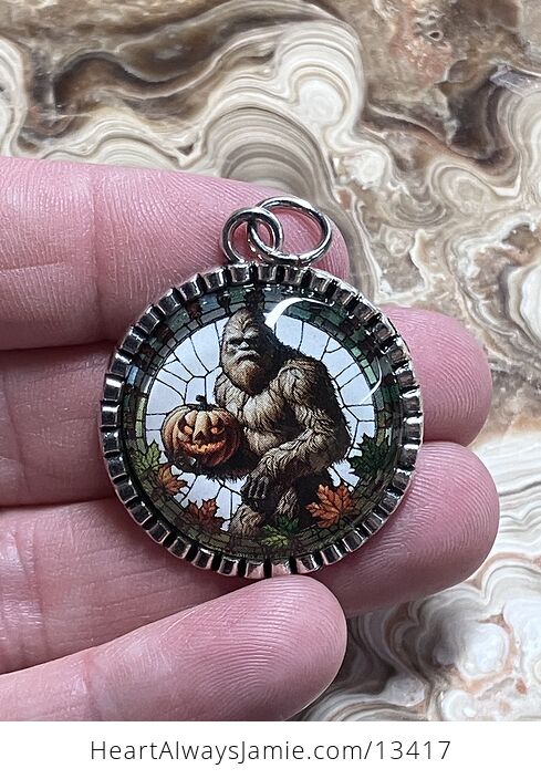 Autumn Sasquatch Bigfoot Cryptid Holding a Halloween Jackolantern Pendant Keychain Charm - #HeZZa4ofxTo-1