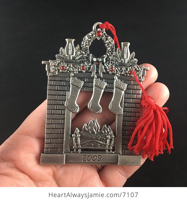 Avon Collectible Pewter Annual Christmas Ornament 2009 Fireplace with Pouch and Box - #F3rhMRzRAbM-1