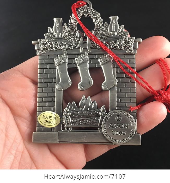 Avon Collectible Pewter Annual Christmas Ornament 2009 Fireplace with Pouch and Box - #F3rhMRzRAbM-2