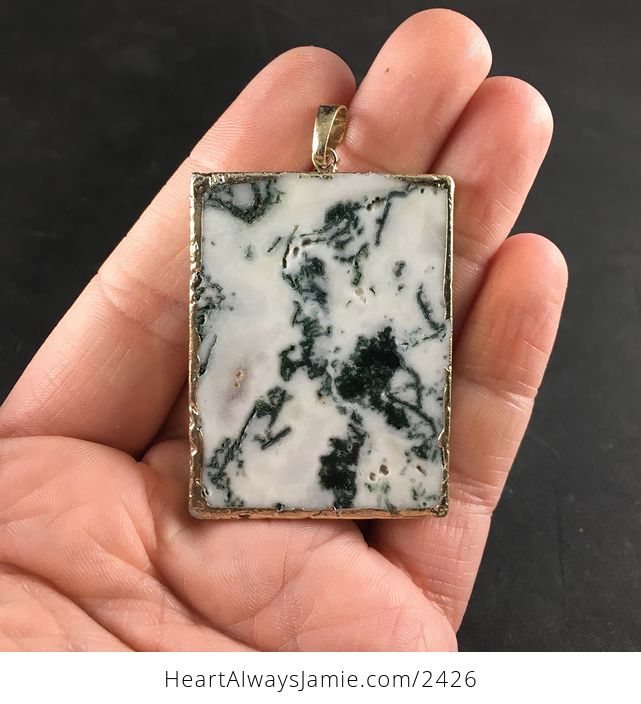 Awesome Gold Rimmed Moss Agate Stone Slice Pendant - #qI00Rkmx9J4-1